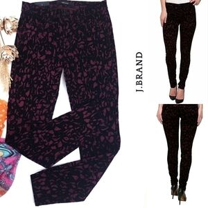 New J. Brand Black Maroon Velour Mid-Rise Mulb Broc Super Skinny Sz 27